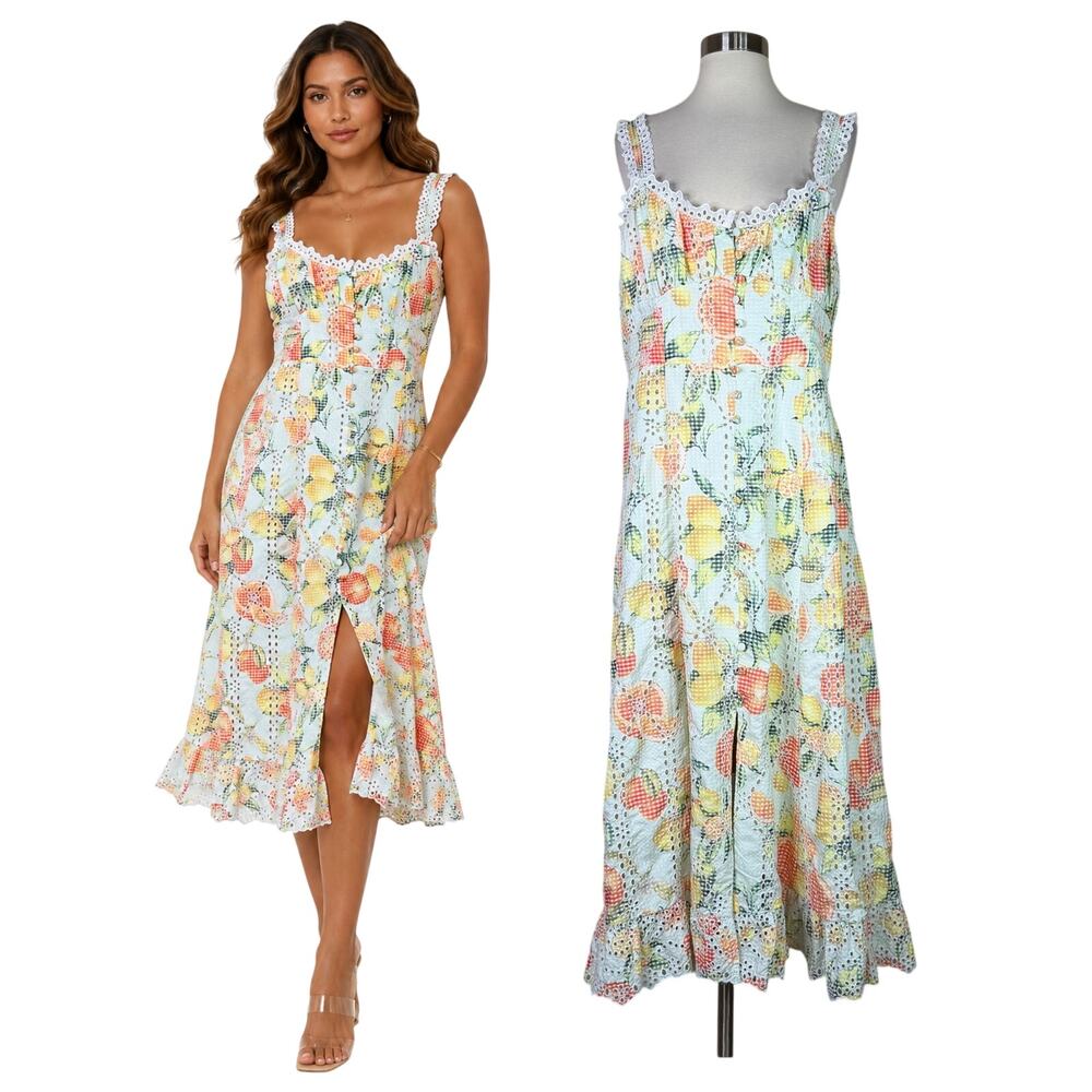 Anthropologie | Ruffled Eyelet Floral Fruit Blue Button Front Slit Midi Dress 1X